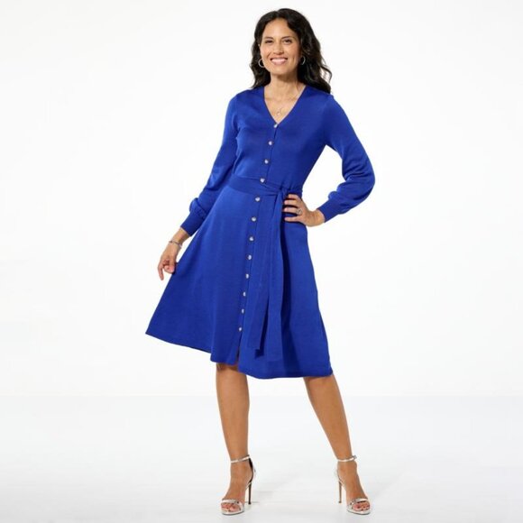 Nina Leonard Balloon Sleeve Belted Sweater Dress Plus Size 2X Deep Sapphire Knit - Picture 1 of 6